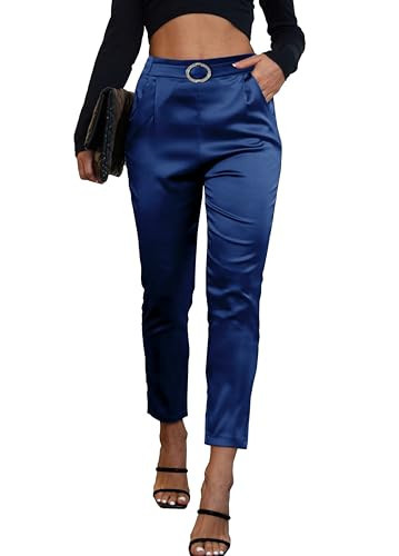 Women's Satin Pants Dress Casual Party Wedding Night Pull on High Waist Pants Blue | Amazon (US)