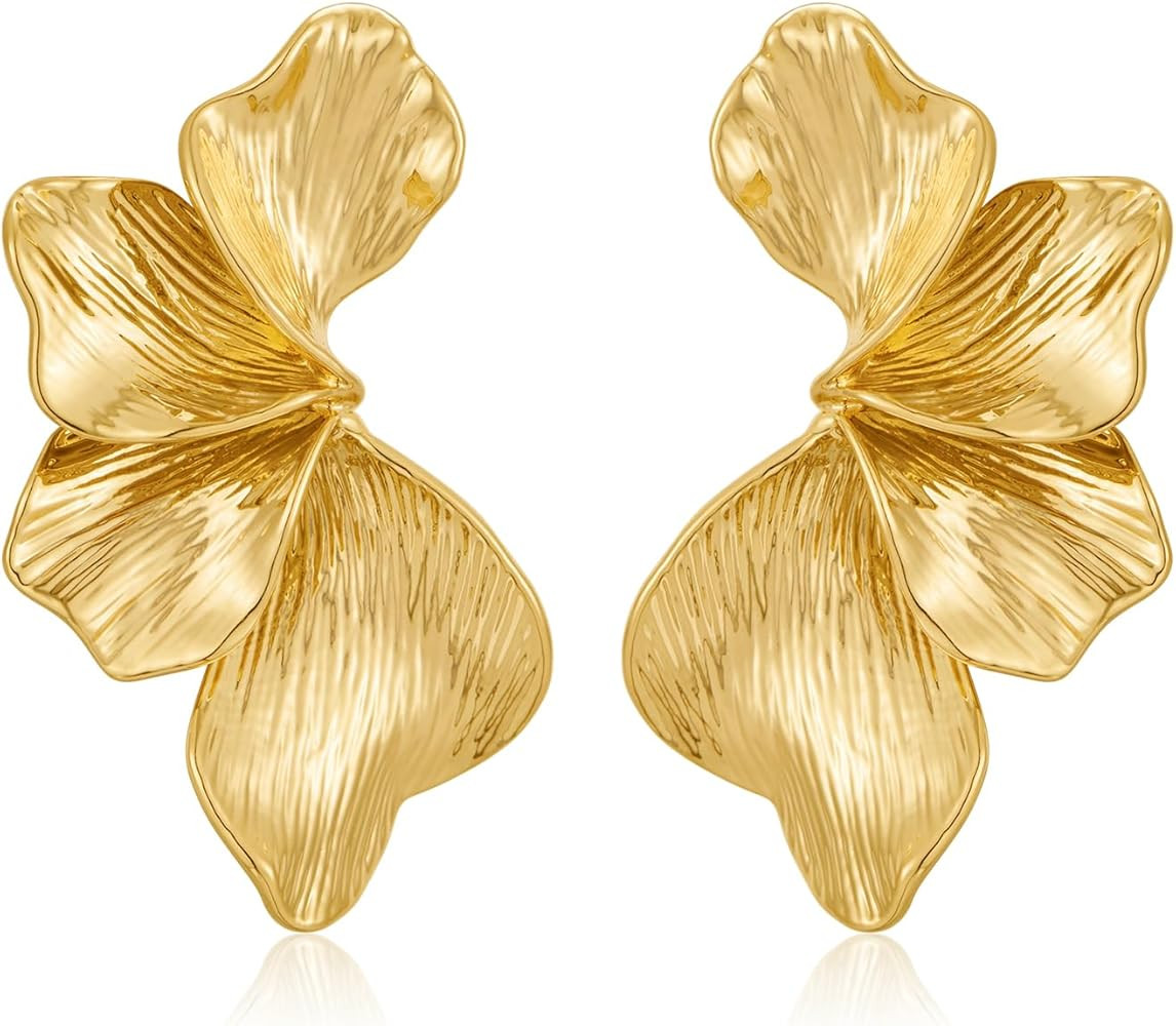 Chunky Gold Statement Earrings For Women Gold Plated Sectored Flower Leaf Shell Angel Wing Earrin... | Amazon (US)