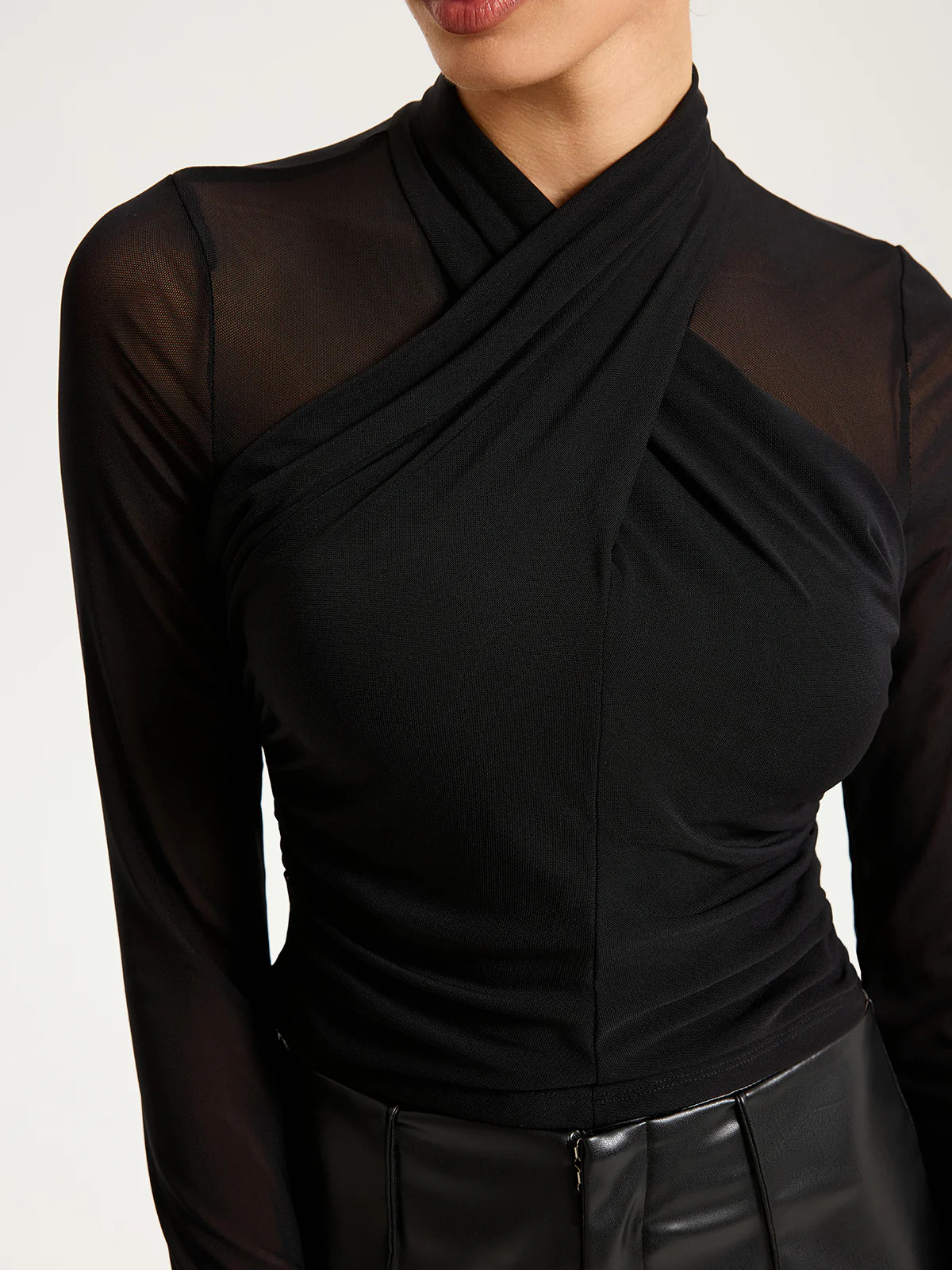 Cross-Front Sheer Mesh Long-Sleeve Top | Commense