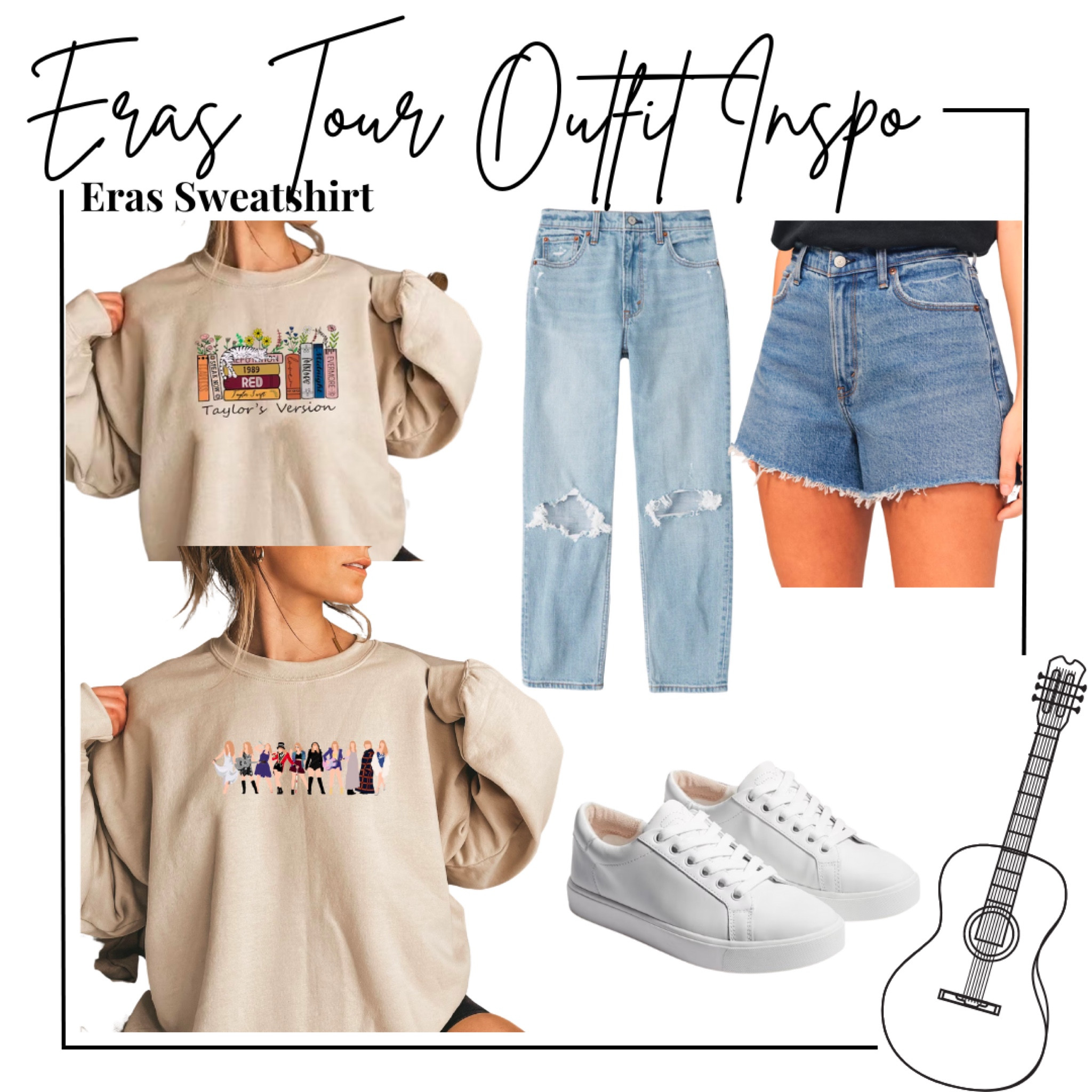 Taylor swift eras tour outfit - comfy concert outfit - eras sweatshirt from Etsy, abercrombie denim (shorts or jeans depending on weather or preference) and white Sam Edelman sneakers 
.
Eras tour outfit, Outfit inspo, swiftie, Taylor Swift, ootd, casual outfit 

#LTKFind #LTKFestival #LTKshoecrush