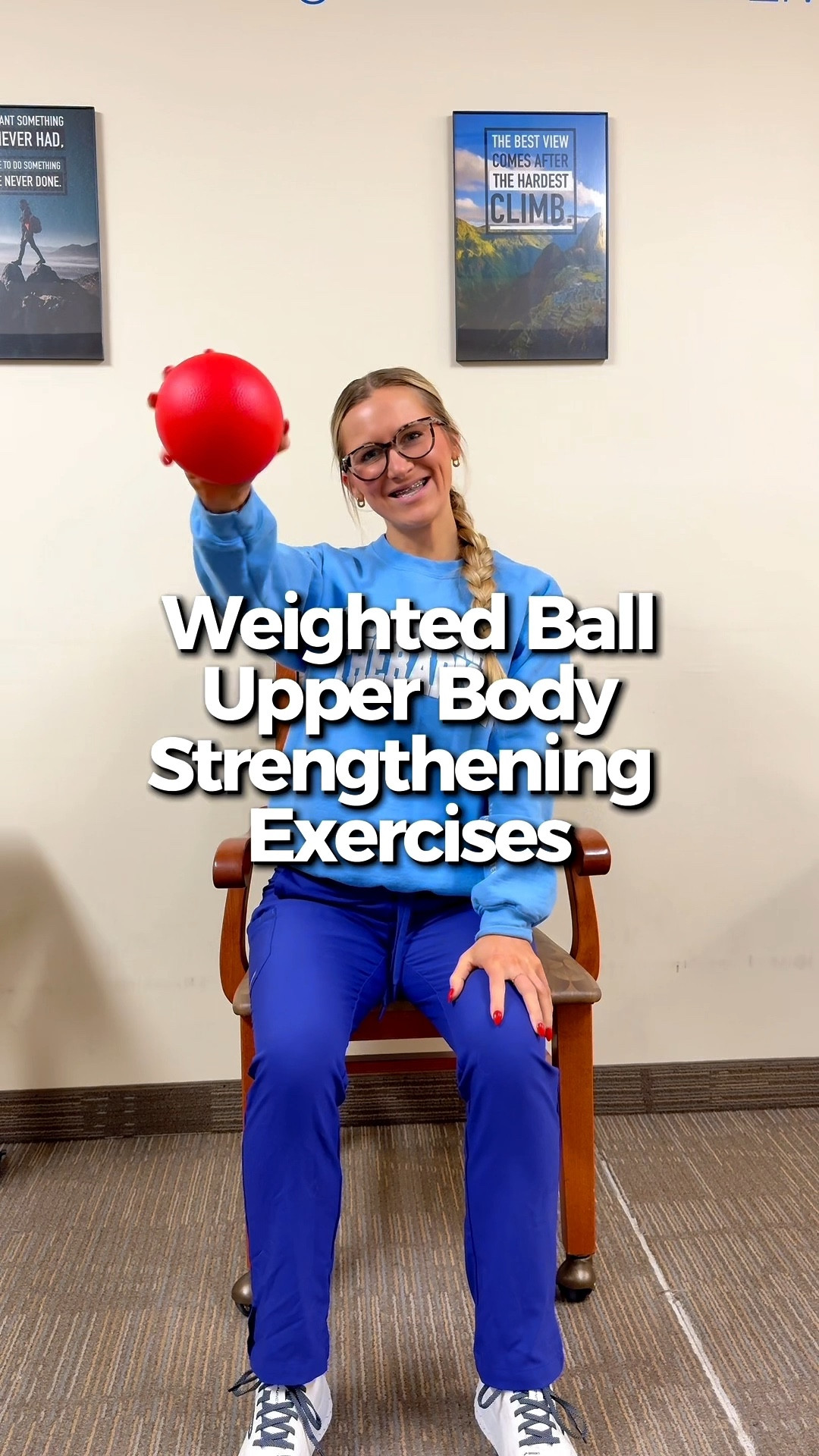 Weighted ball upper body strengthening exercises. 

Can be performed in sitting or standing. 

Why does upper body strengthening matter?
- It enables self care tasks
- Supports functional mobility 
- Improves endurance and posture 
- Enhances coordination and motor control
- Reduces risk of injury or fatigue during daily activities 