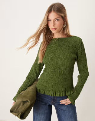 ASOS DESIGN poplin shirred slash neck top in olive | ASOS (Global)