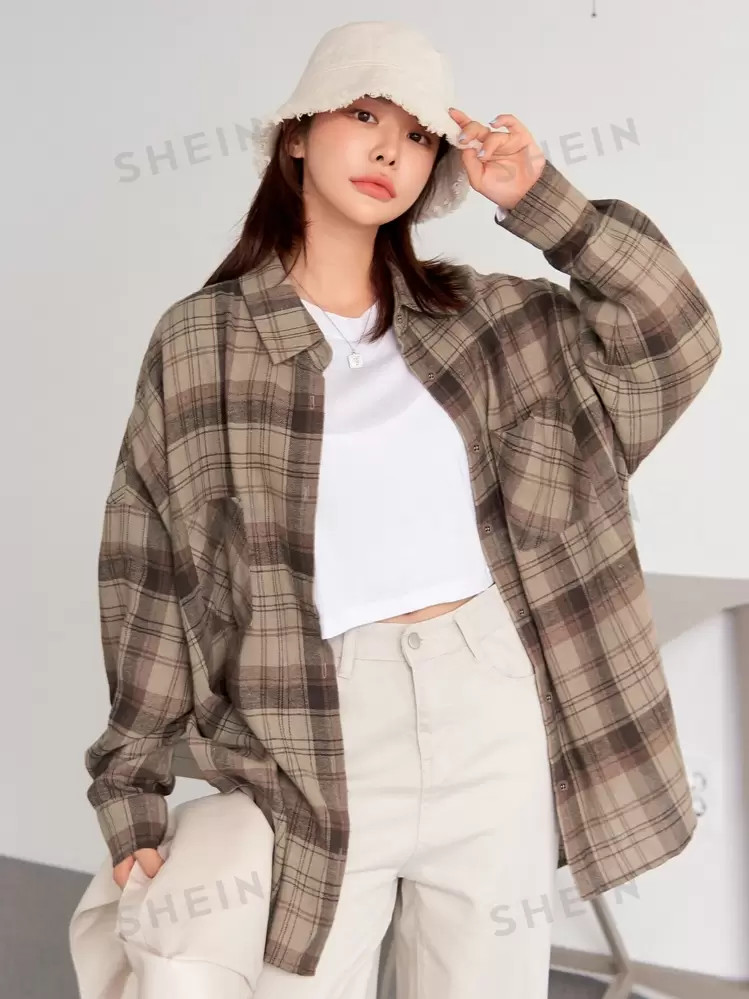 DAZY Tartan Pocket Front Drop Shoulder Blouse | SHEIN | SHEIN