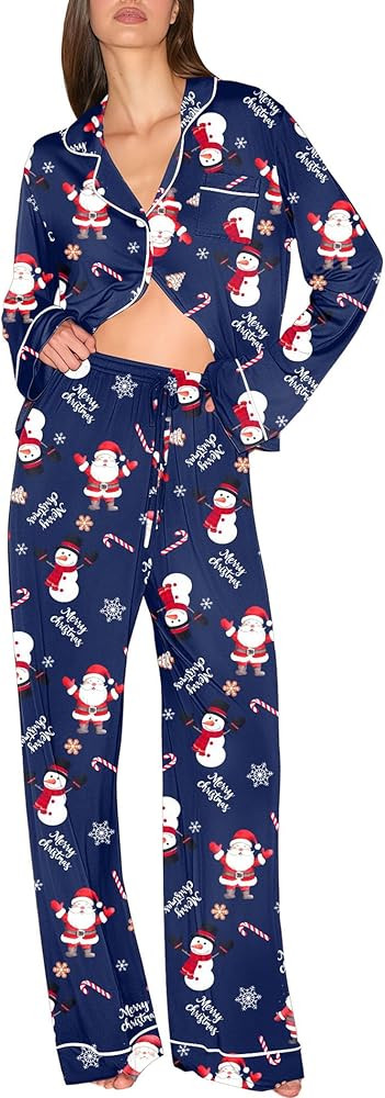 Ekouaer Christmas Pajamas Womens Long Sleeve Button Down Sleepwear Holiday Matching Pjs Comfy Lon... | Amazon (US)