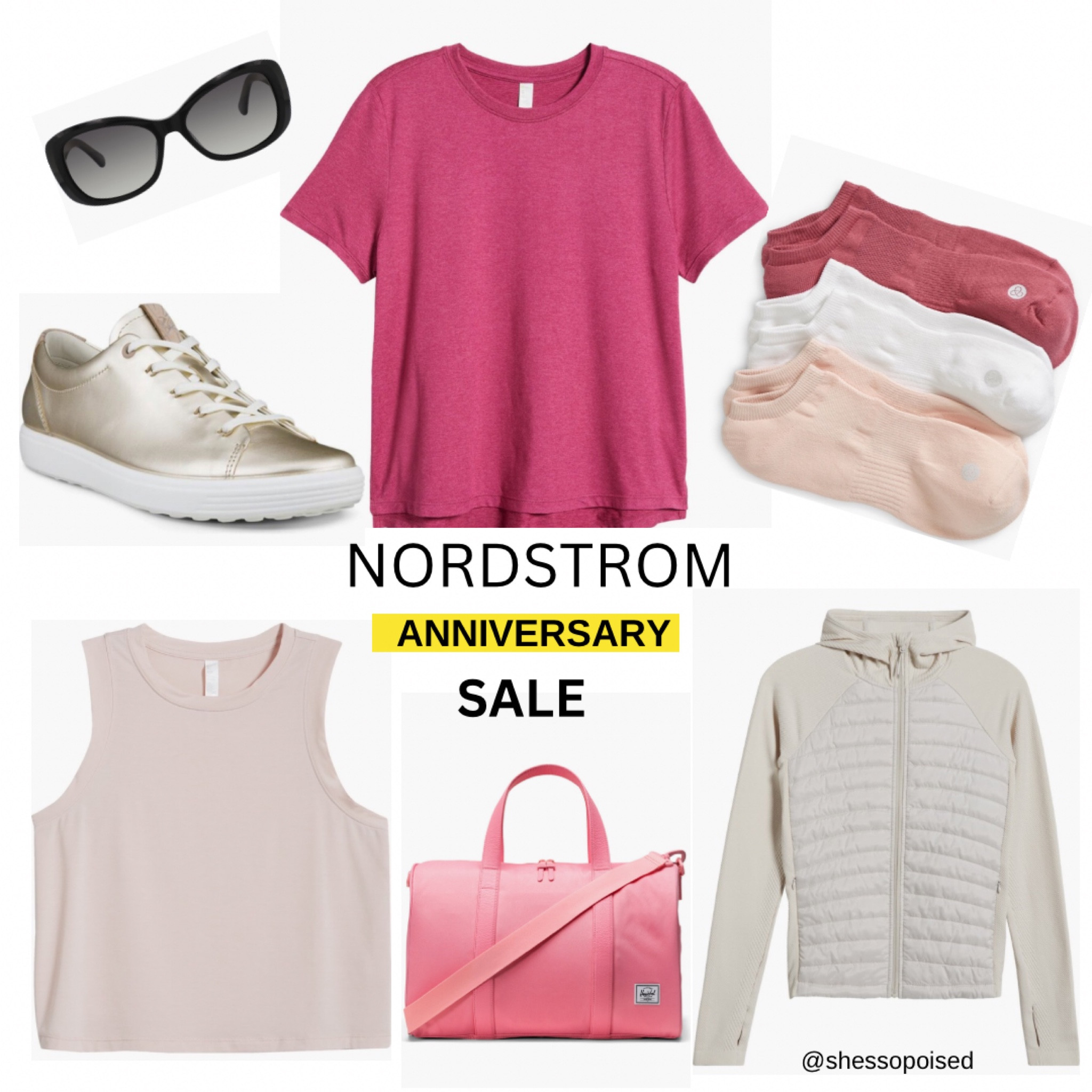 Workout must haves from the Nordstrom Anniversary Sale. Love the colors of the Zella socks and the berry colored tee shirt. The brushed gold ECCO sneakers are super cute.. The pink duffle makes a great gym bag and / or travel carry on bag. 

#LTKFitness #LTKTravel #LTKxNSale