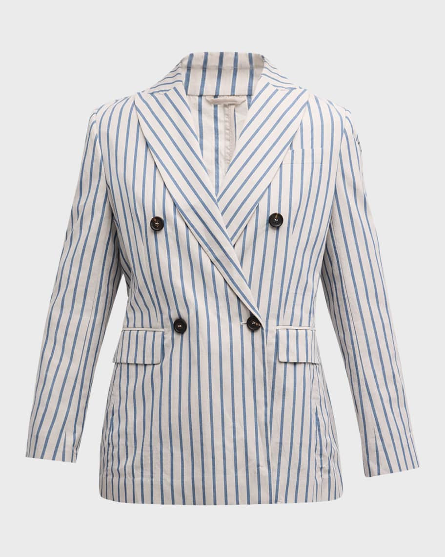 Brunello Cucinelli Striped Wrinkled Poplin Double-Breasted Blazer Jacket | Neiman Marcus