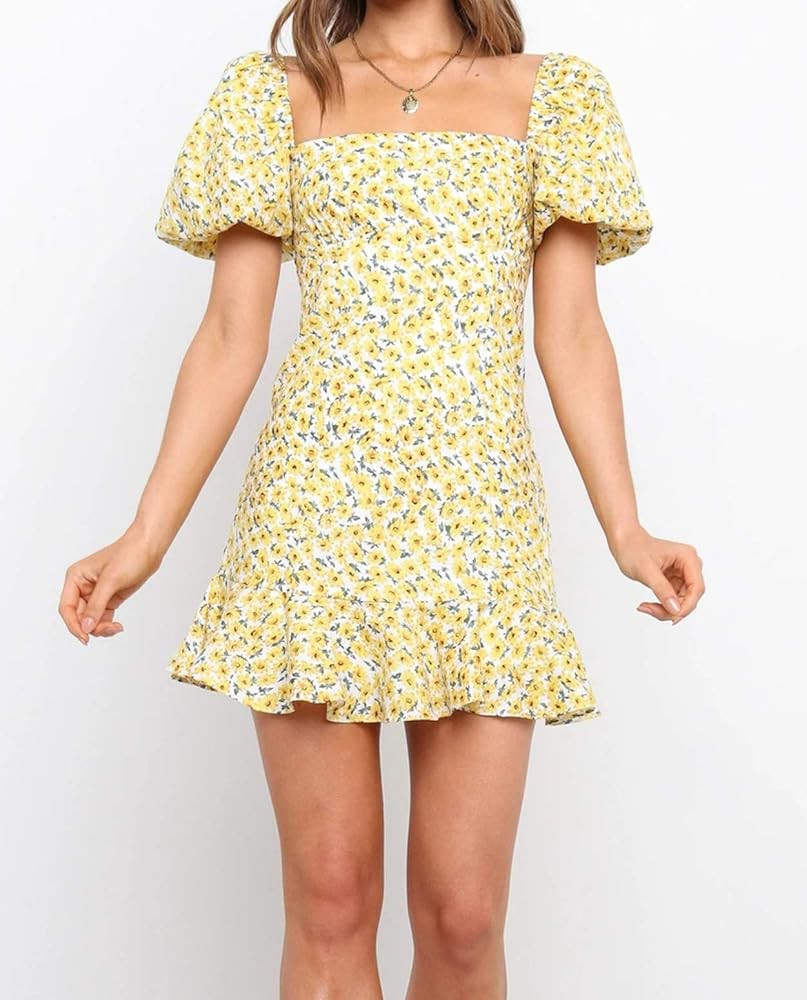 LERENSHA Womens Dresses Short Puff Sleeve Square Neck Ditsy Floral Print Smocked Back A Line Ruffle  | Amazon (US)