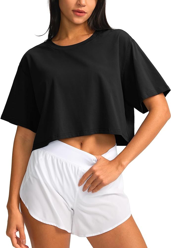 SANTINY Cotton Crop Workout Tops for Women Short Sleeve Running Shirts Cropped T-Shirt Yoga Athle... | Amazon (US)