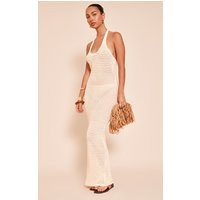 Cream Crochet Halter Maxi Dress | PrettyLittleThing US