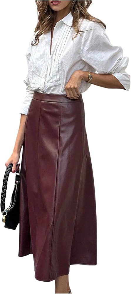 GORGLITTER Women's Faux Leather Maxi Skirt High Waisted Flared Fall Business Casual Work A Line L... | Amazon (US)