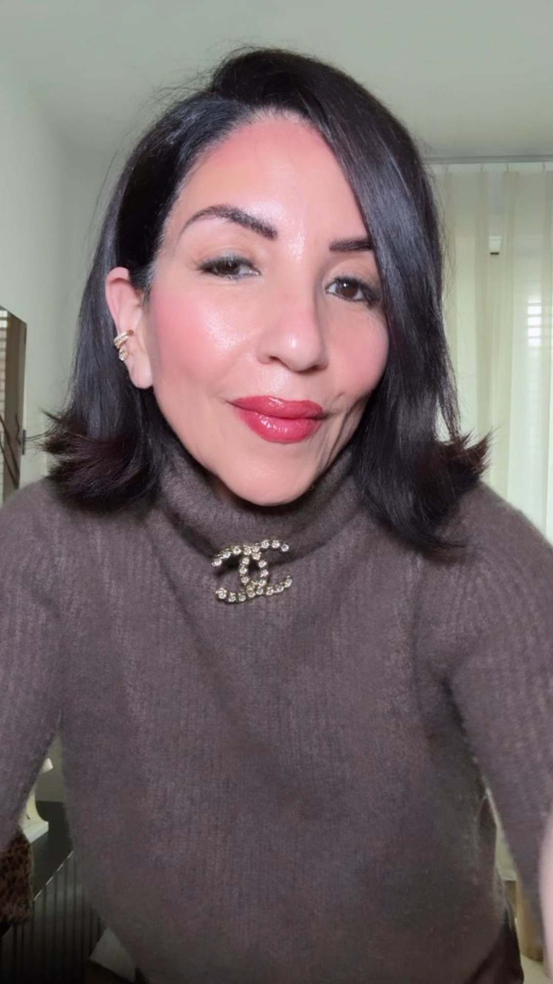 Brown Cashmere Sweater 
Brown Maxi Skirt
Chanel Brooch
Rms lip oil red 
Brown suede kitten heel boots 
Brown lip pencil 


#LTKBeauty #LTKStyleTip #LTKOver40