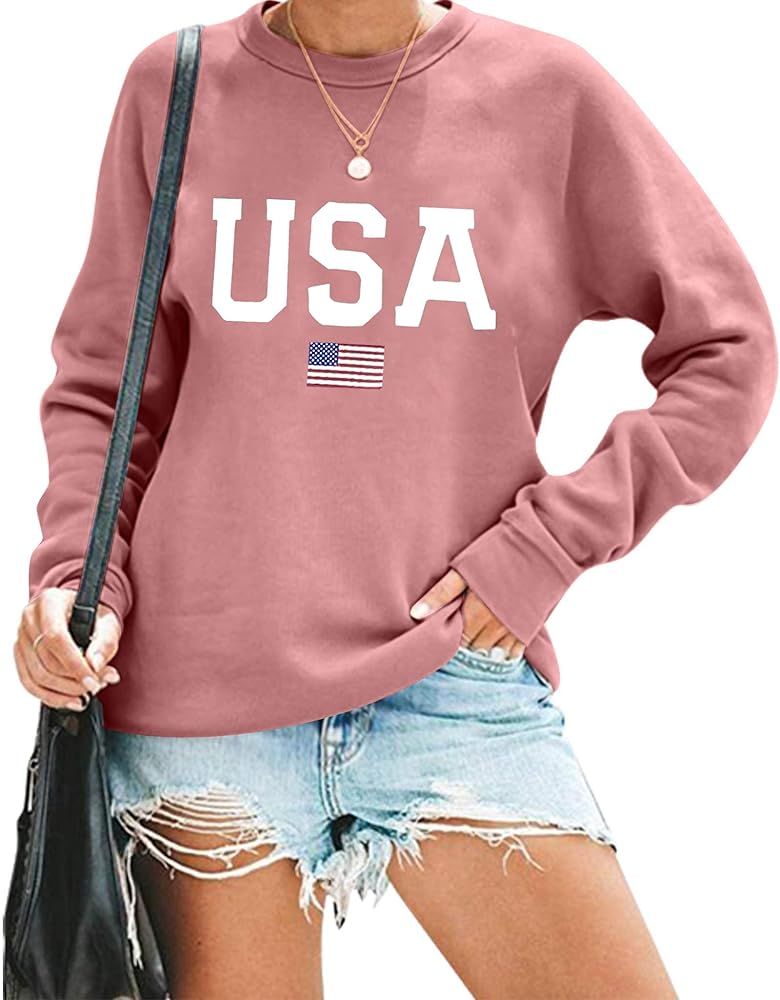 Oriental Pearl USA Flag Sweatshirt Womens 4th of July Memorial Day Gift Shirt Casual Long Sleeve ... | Amazon (US)