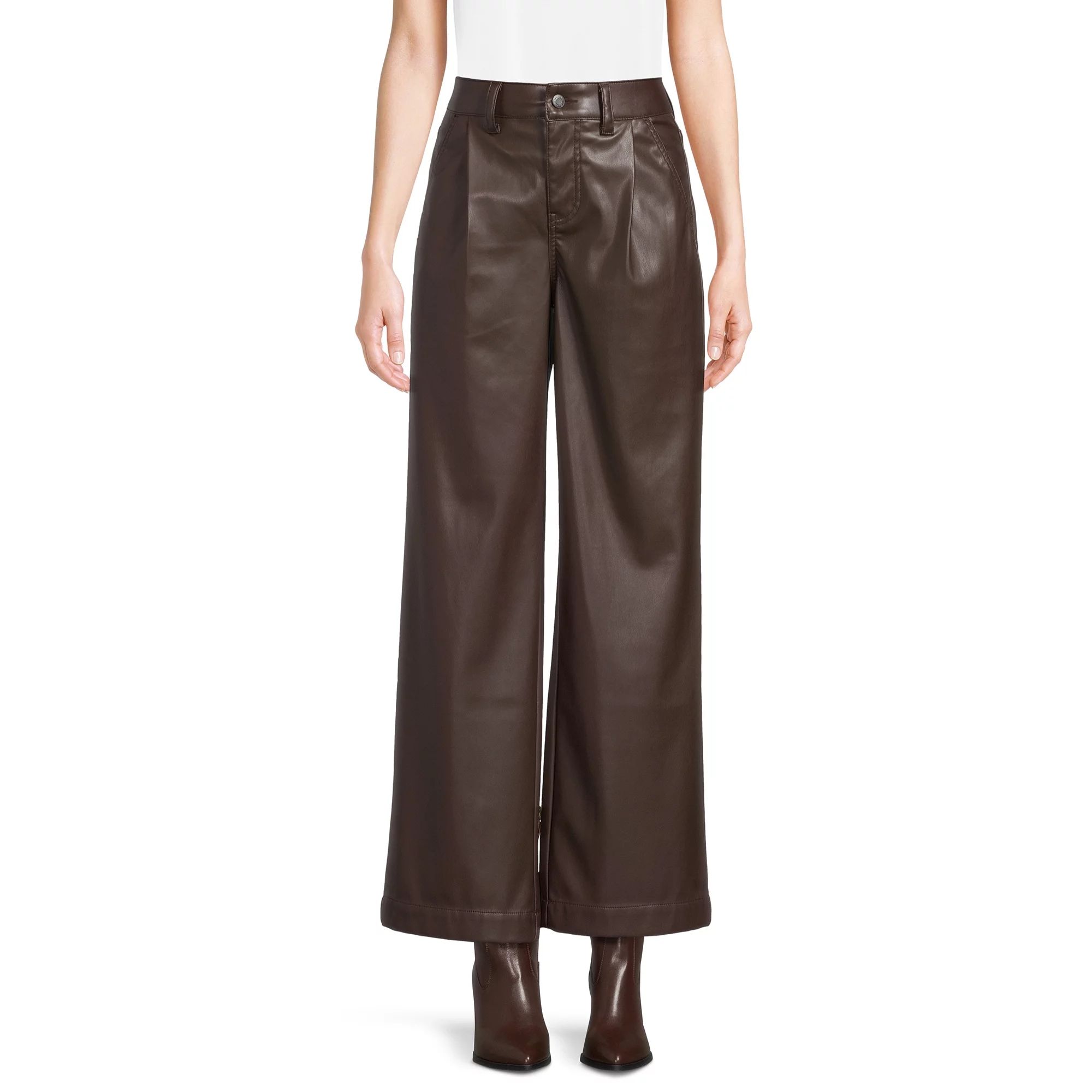 Time and Tru Women's High Rise Faux Leather Wide Leg Trousers – Regular, Short, Long Inseams Av... | Walmart (US)