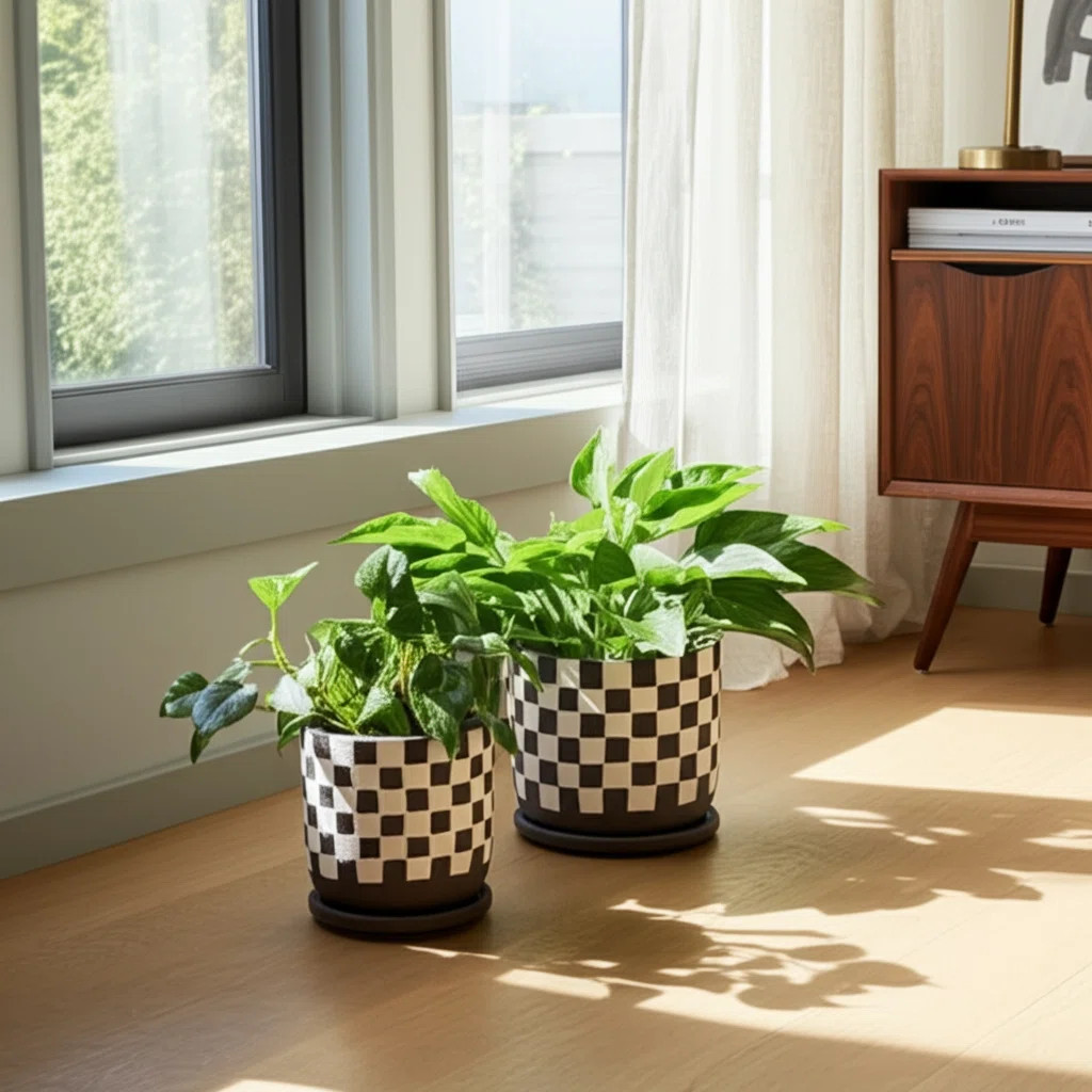 Jamesjoseph Stoneware Ceramic Planter Set with Drainage Tray - Black & White Checkered - Indoor/O... | Wayfair North America
