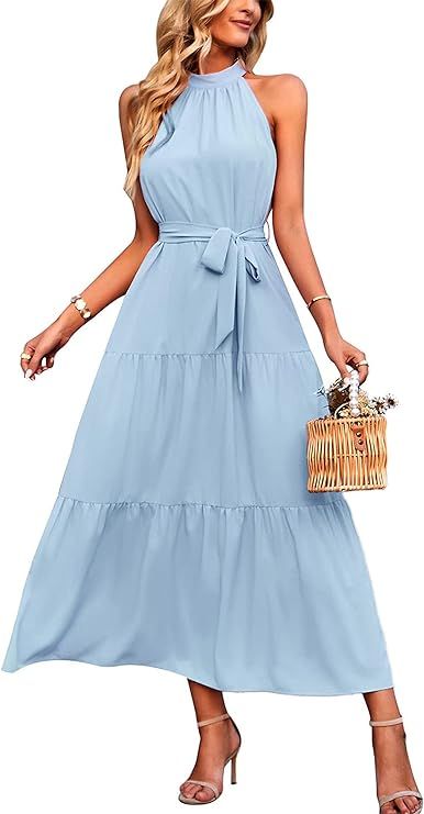 PRETTYGARDEN Women's Summer Floral Maxi Sun Dress Sleeveless Halter Neck Flowy Ruffle Hem Long Bo... | Amazon (US)