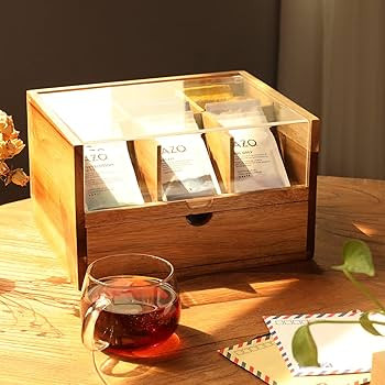 Large Tea Organizer 2 Tier with Drawer by HTB, Tea Bag Organizer with Acrylic Transparent Hinged ... | Amazon (US)