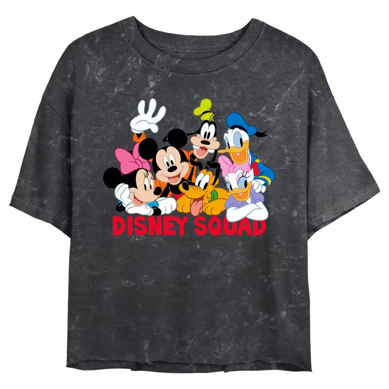 Junior's Mickey & Friends Disney Squad Group Shot Mineral Wash Crop T-Shirt | Target