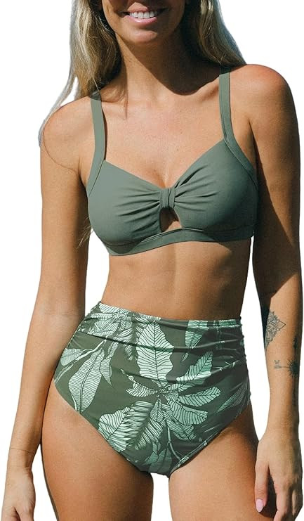 CUPSHE Bikini Set for Women Two Piece Swimsuits High Waisted Cut Out Crisscross Back Tie Shirring... | Amazon (US)