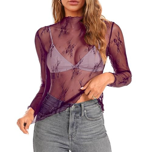 Lace Long Sleeve Tops for Women Sheer Floral Mesh Tunic Top Womens Layering Mock Neck See Through Shirt Purple | Amazon (US)