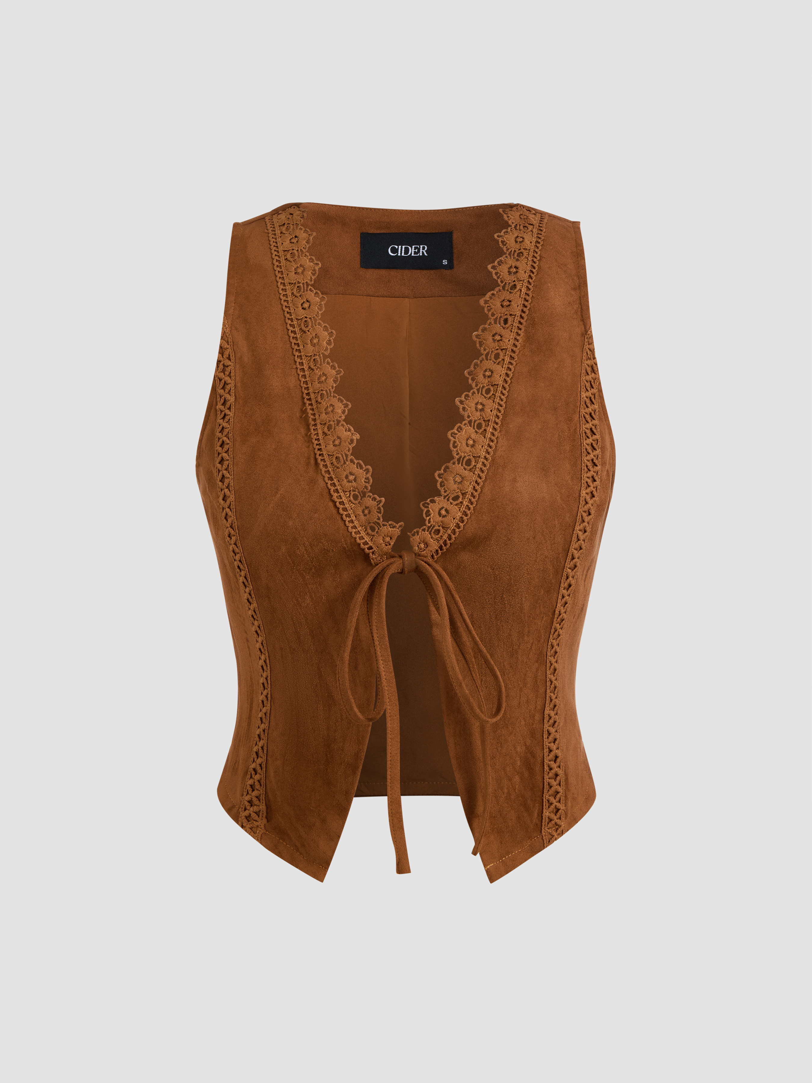 Suede Suede V-Neck Lace Trim Waistcoat For Vacation | Cider