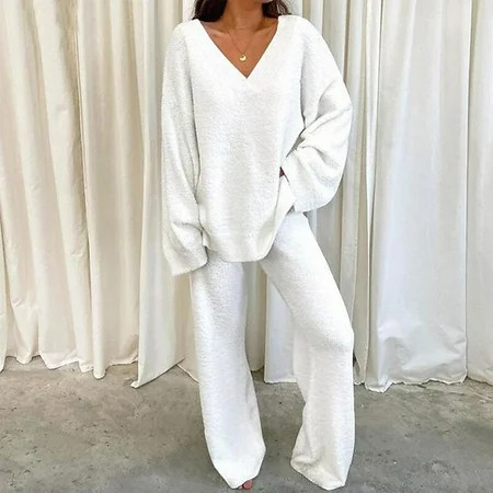 Munlar Sweatsuit Outfits Solid Sweatshirt Sets 2 Piece Pajama for Women Ski White | Walmart (US)