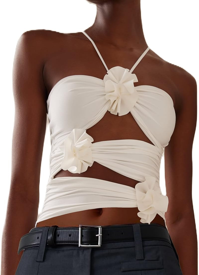 KMBANGI Floral Sexy Tank Top Women Y2k Ruffles Frill Halter Crop Tops Sleeveless Off Shoulder Bac... | Amazon (US)