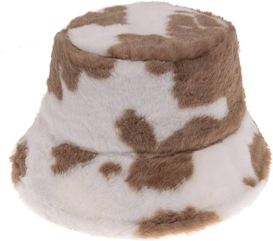 JOYKK Women Winter Warm Fluffy Plush Bucket Hat Milk Cow Print Fisherman Cap - Brown | Amazon (UK)