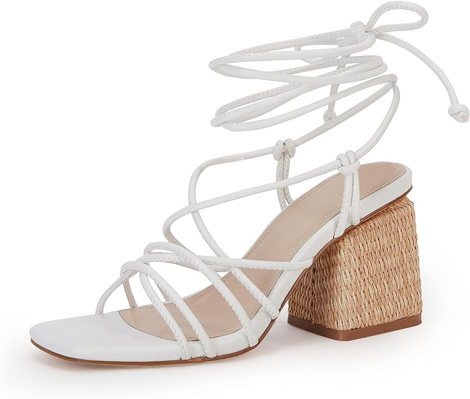 PiePieBuy Women's Lace Up Chunky Braided Heel Sandals Square Toe Strappy Ankle Strap Heels | Amazon (US)