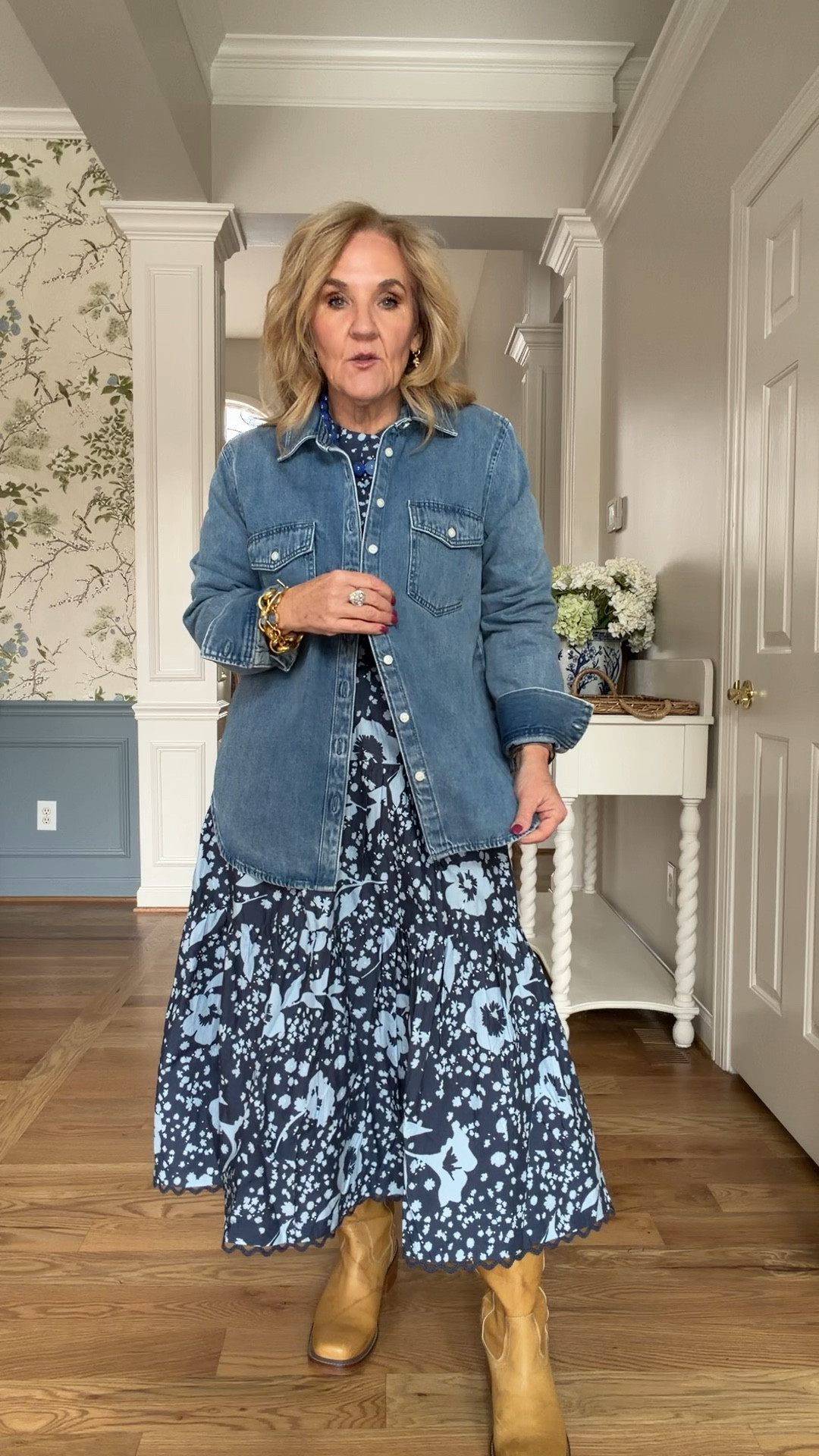 Ann Taylor tryon. Oh my these are great just check out my sizing recommendations below
Floral blouse size medium
Floral skirt medium petite
Navy blazer size 10, petite
Printed jeans, size 8 petite and they do not have any stretch. Eight petite gave me a little bit of rum for movement through the tummy and the bum area so I’d say they’re true to size. But if you don’t like jeans that don’t have stretch. These aren’t for you. I love them!
Polo a collar sweater size medium
Leisure set I’m wearing a medium in the top and a medium petite in the bottom. If you’re getting the light color, I would size up in the bottom.
Denim shirt jacket is a heavier denim. It’s definitely not a shirt to be tucked in. It’s very structured and I love it as a jacket. I did size up to a large and I’m glad I did.

New arrivals spring styles, new denim, baby shower dress spring skirt, vacation outfit outfits

#LTKPetite #LTKOver40 #LTKSaleAlert