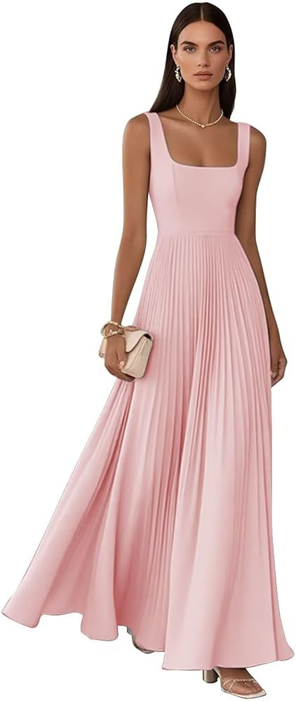 Lorencia Vestido de dama de honor de gasa con cuello cuadrado para mujer, largo, plisado, acampan... | Amazon (US)
