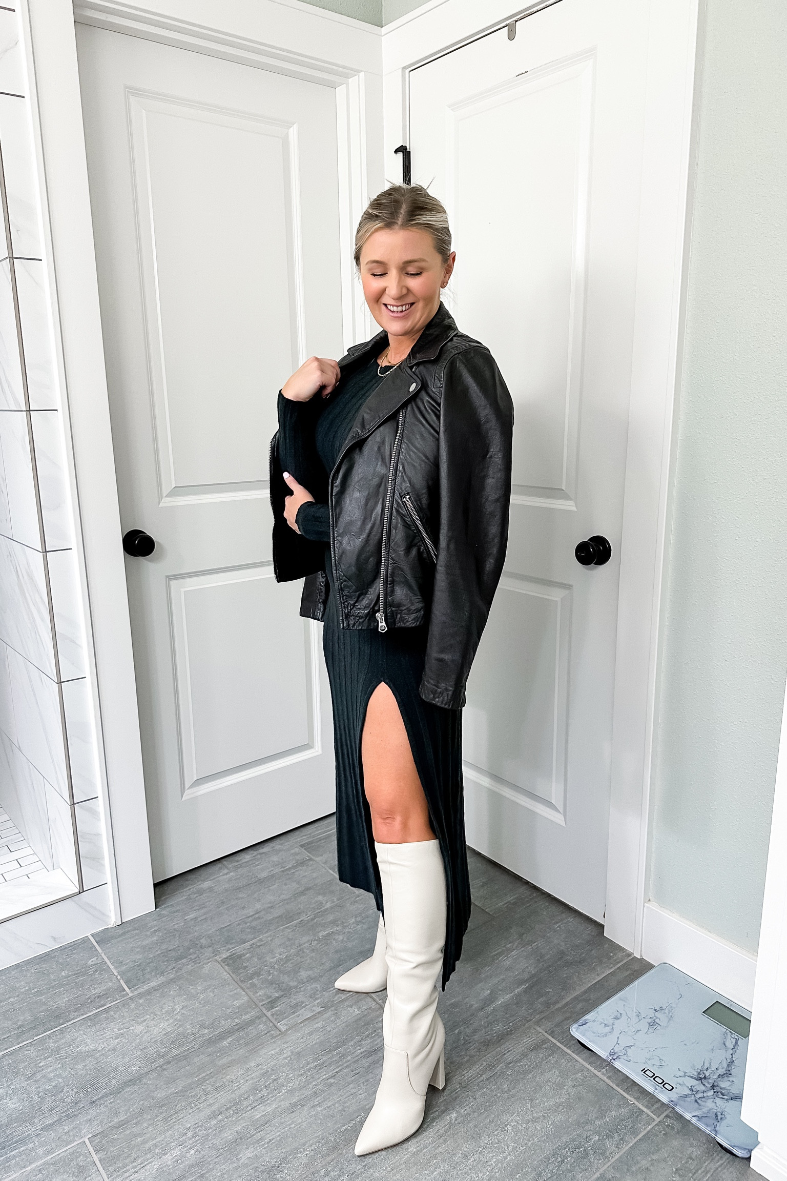 Pair your sweater dresses with the ultimate layer. A leather Moto jacket. This one from Madewell is unbelievable. Immediately elevates any outfit and is so comfortable. The leather is so soft and it’s going to last for years. BUUUT size up! Wearing a medium 
Small petite in the dress
Boots - I’m a 6.5/7 - went with a 7 

#LTKHoliday #LTKstyletip #LTKfindsunder100