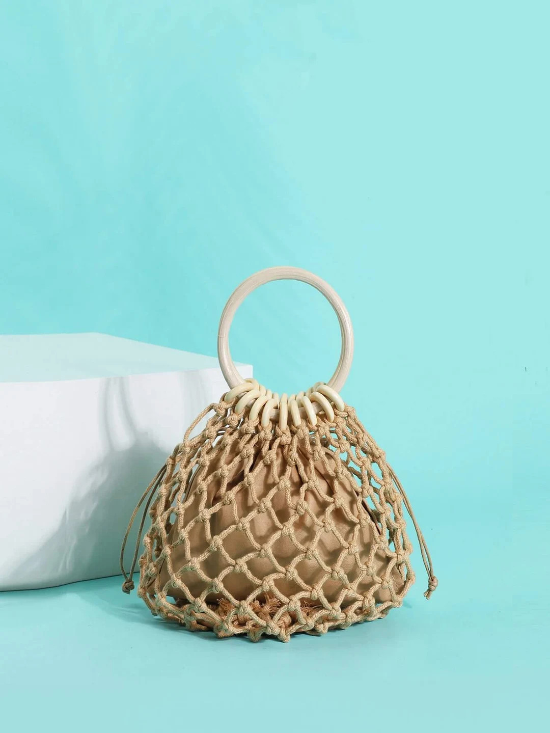 Khaki Mini Round Handle Woven Bag With Non Magnetic Drawstring - Etsy | Etsy (US)