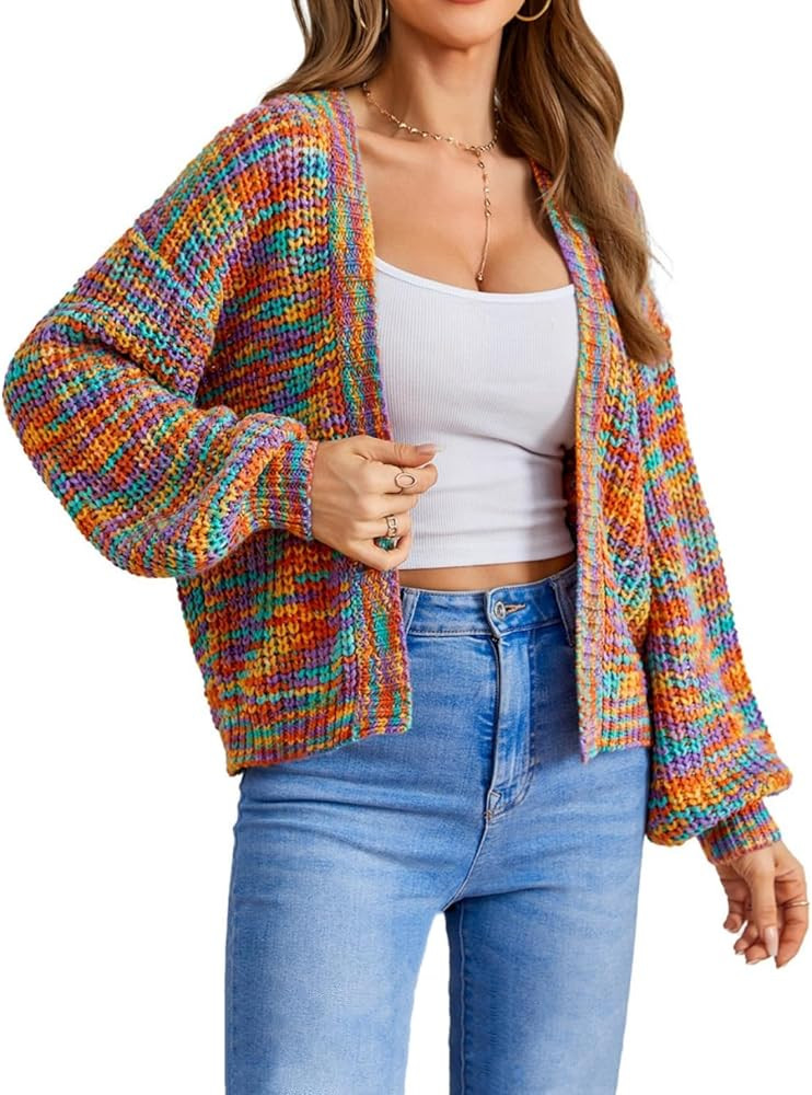 SHENHE Women's Color Block Open Front Long Sleeve Ribbed Knit Cropped Cardigan Sweaters | Amazon (US)