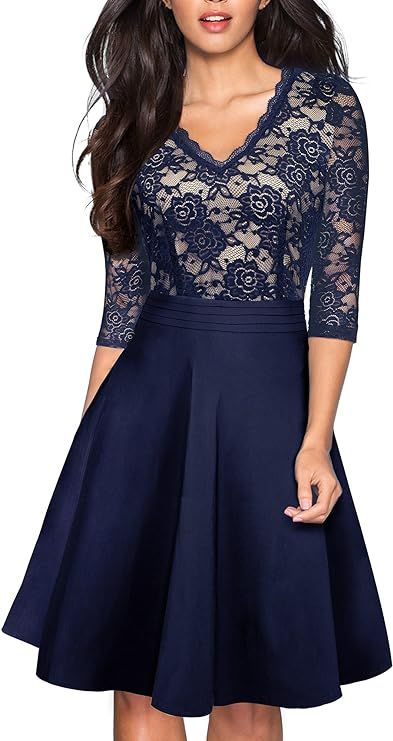 HOMEYEE Women's Chic V-Neck Lace Patchwork Flare Party Dress A062 | Amazon (US)