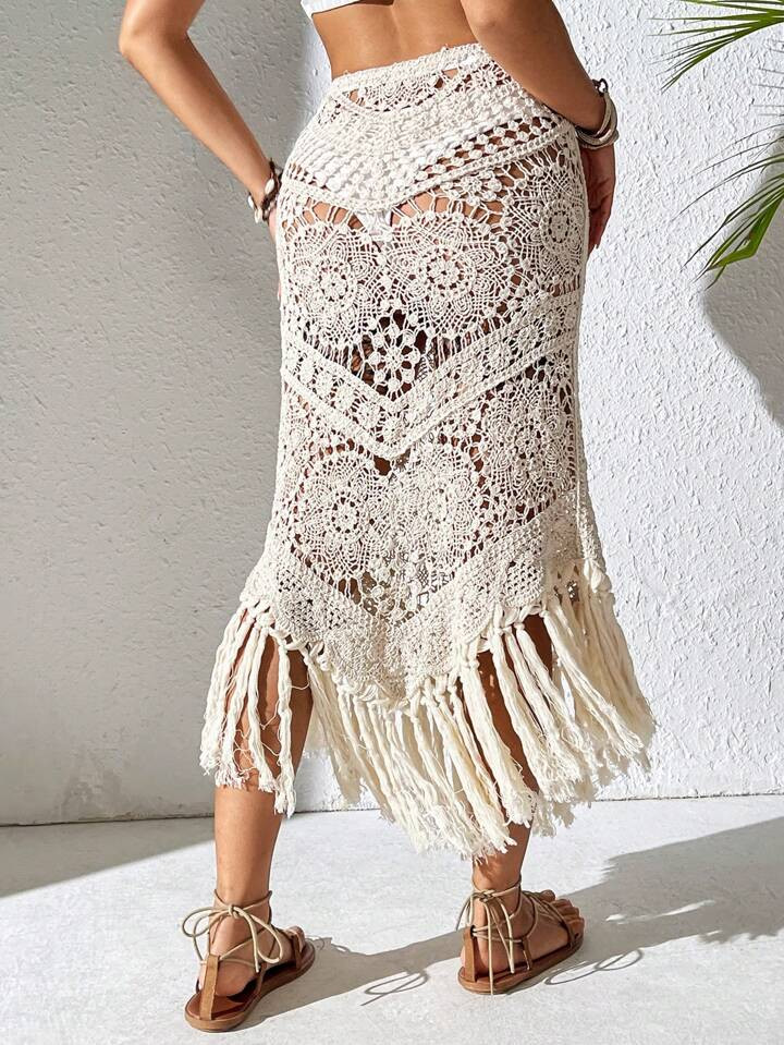 SHEIN Swim Women's Fashionable Hollow Out Fringed Hem Skirt Cover Up,Summer Beach | SHEIN