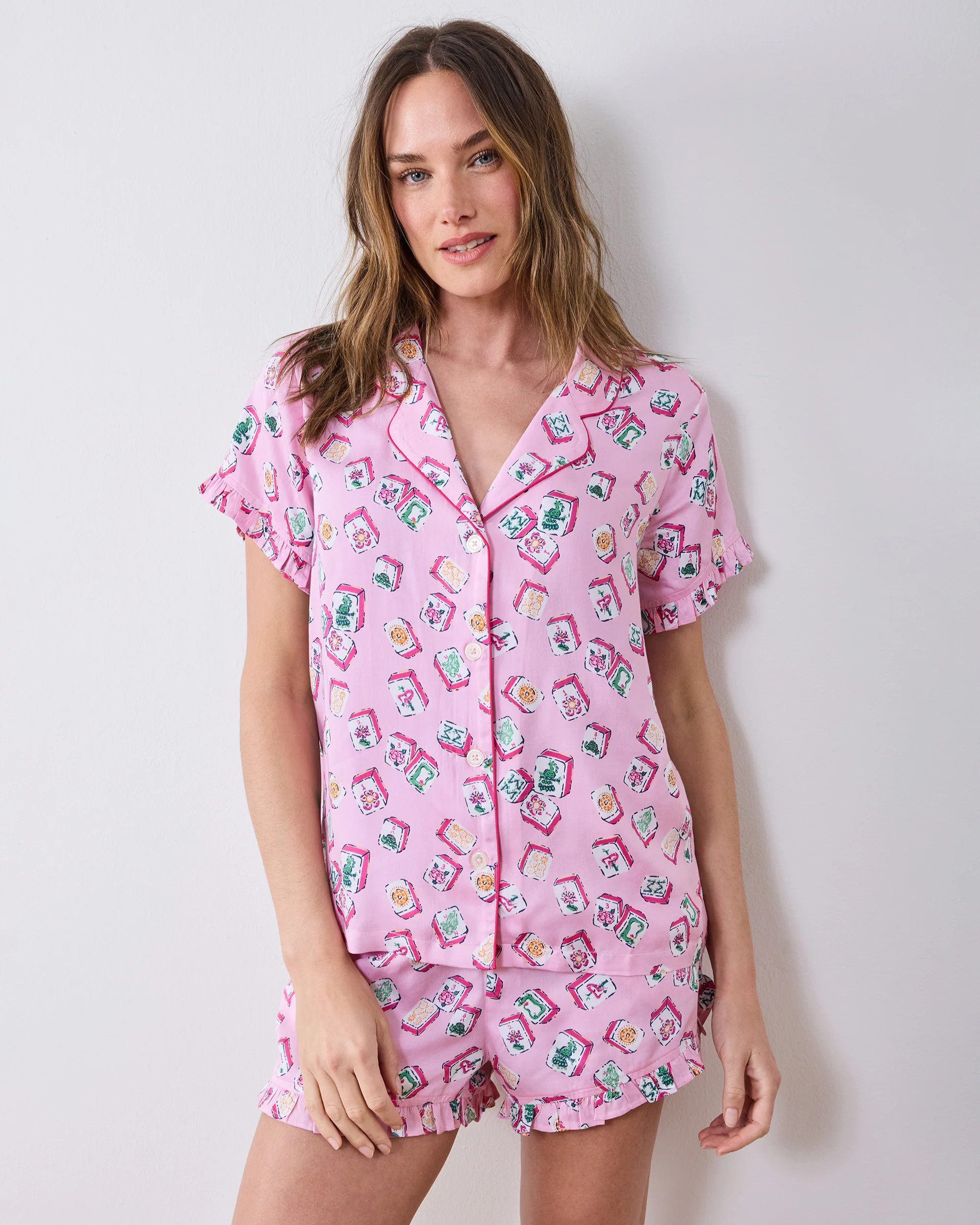 Eco Silky Short Pajama Set in Lucky Tiles | Women's XL | Pink | Majong Sleepwear | Printfresh