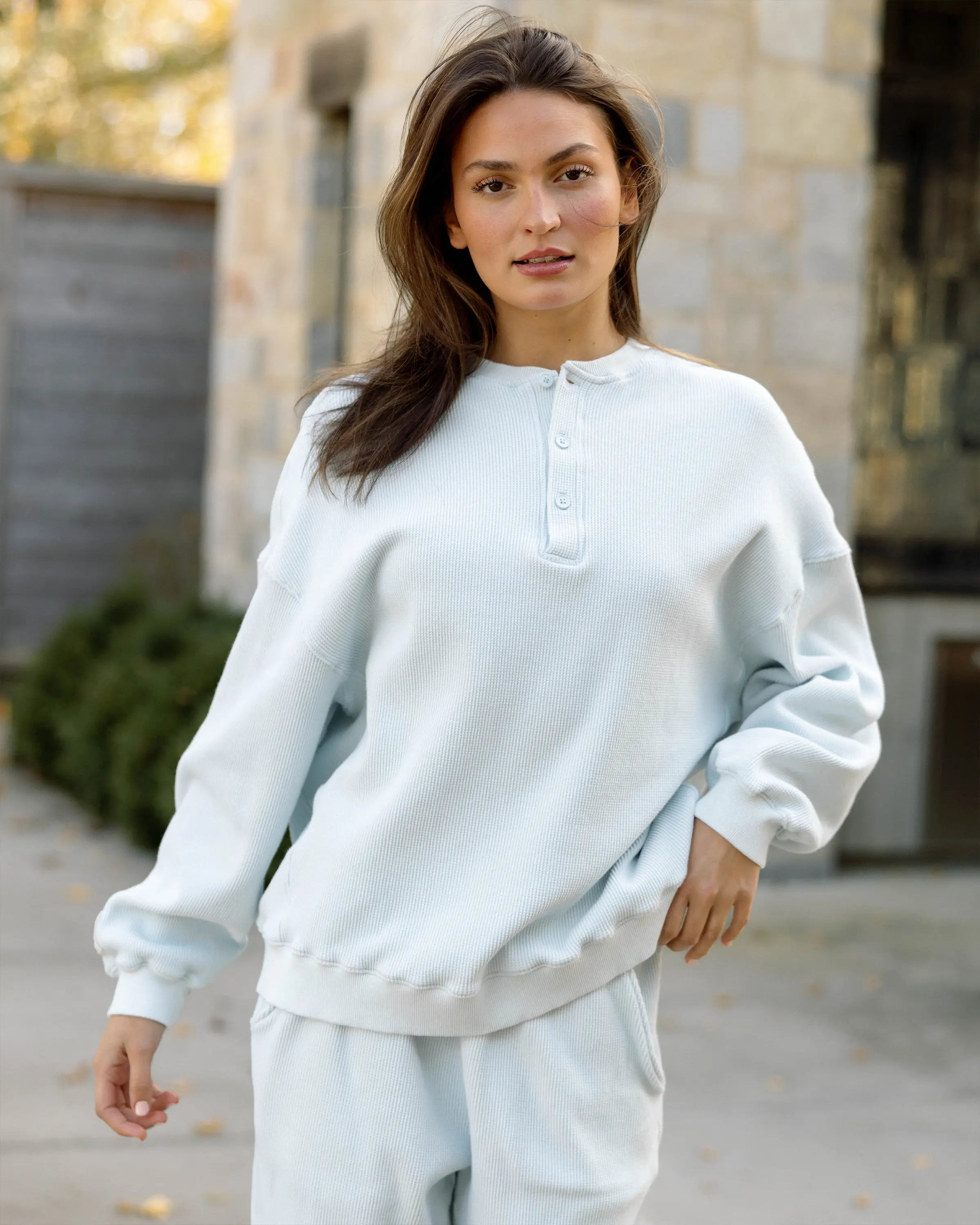 Waffle Henley Long Sleeve in Bubble | Eleven Eleven