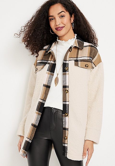 Brown Plaid Sherpa Shacket | Maurices