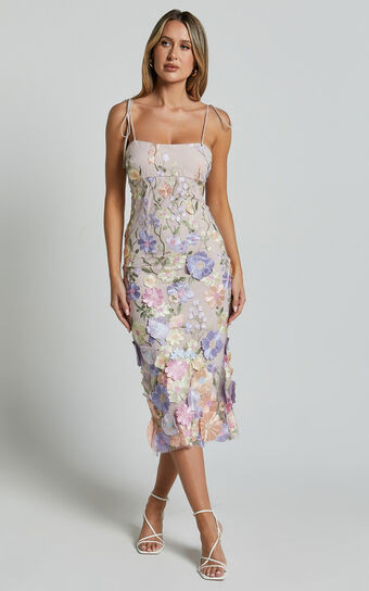 Jamich Midi Dress - Straight Neck Tie Strap Pencil Dress in Soft Pink | Showpo (US, UK & Europe)