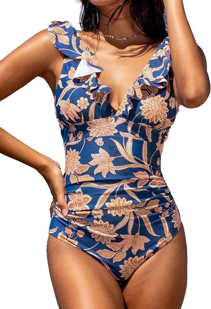 CUPSHE Women's Ruffled One Piece Swimsuit V Neck Lace Up | Amazon (US)