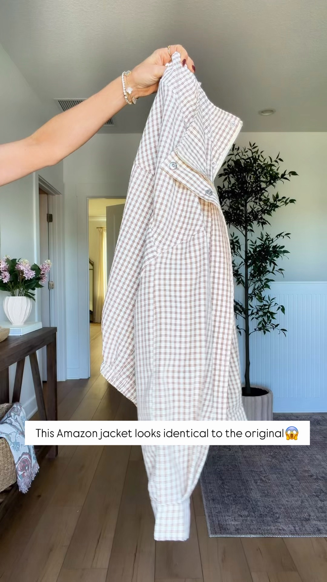 I hunted down 12 viral finds! Here are my thoughts.. Amazon plaid jacket in XS. This looks super similar to the original that is more $$. Wearing XS/ fall outfit. Fall jacket. Fall style.