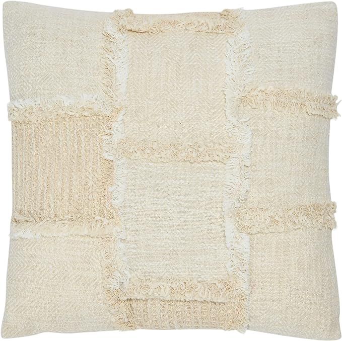 Creative Co-Op Woven Cotton and Wool Patchwork Frayed Edges Pillow, 18" L x 18" W x 2" H, Cream | Amazon (US)