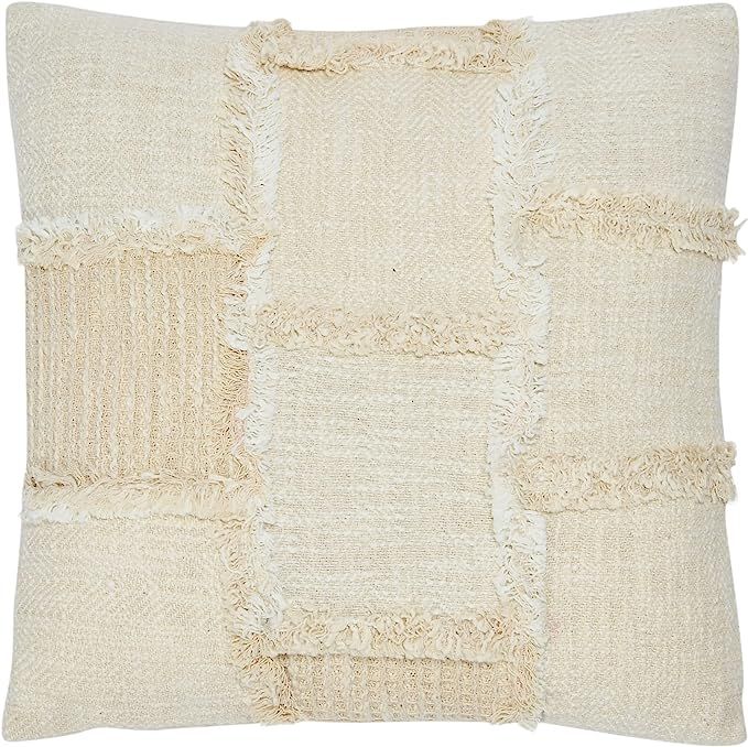 Creative Co-Op Woven Cotton and Wool Patchwork Frayed Edges Pillow, 18" L x 18" W x 2" H, Cream | Amazon (US)