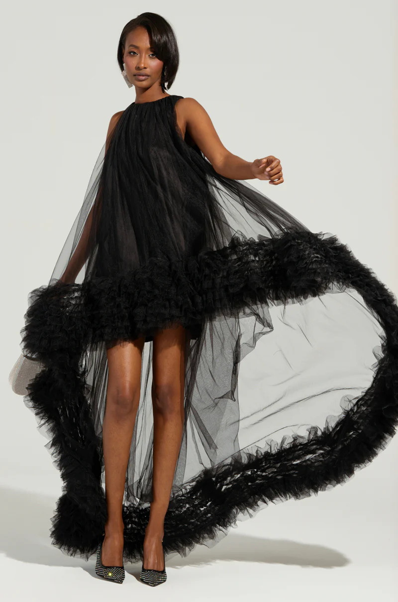 ARI TULLE RUFFLE HIGH LOW DRESS IN BLACK | AKIRA