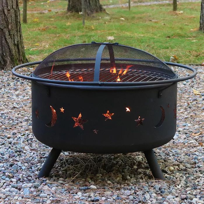 Cosmic Stars and Moon 30" Wood Burning Fire Pit With Cooking Grill - Round - Sunnydaze Decor | Target