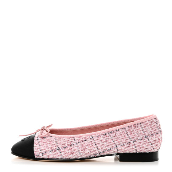 Chanel Tweed Grosgrain Cap Toe Ballerina Flats 37 Pink Black | FASHIONPHILE (US)