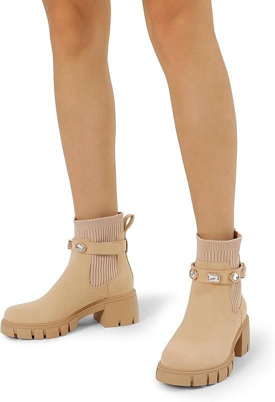 DREAM PAIRS Women's Elastic Chelsea Ankle Booties Fashion Lug Sole Platform Chunky Heel Slip on F... | Amazon (US)