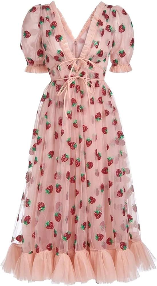 Faithtur Womens Long Sleeve Dress Long Sleeve V Neck Strawberry Sequins Ruffle Mesh Party Dresses We | Amazon (US)