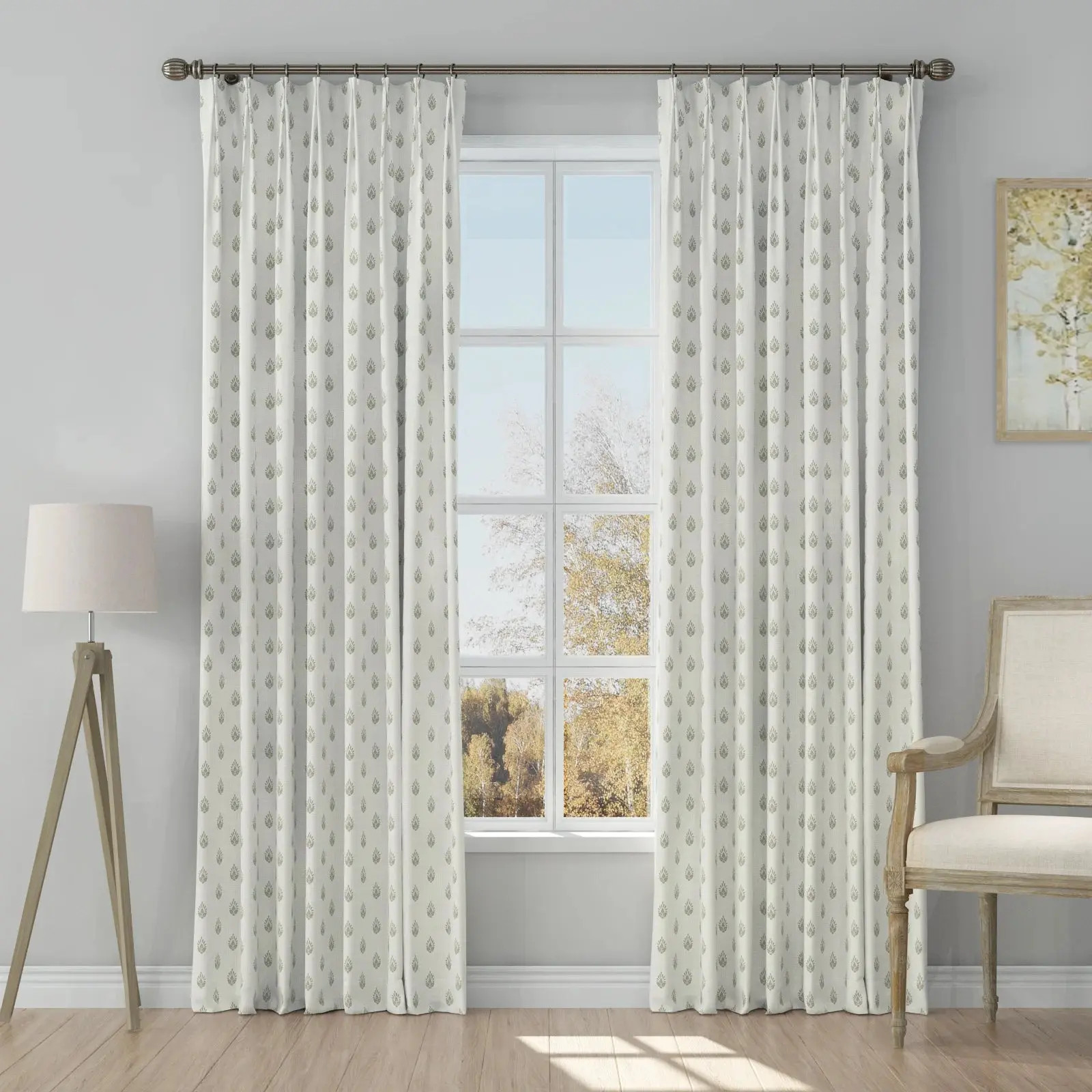 Stefana Silber Print Linen Blend Curtain Drapery Pleated - Block Print Grey BP111 | TWOPAGES