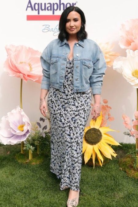 Shop Demi Lovato's floral sleeveless dress cropped denim jacket slingback buckle embellished pumps #DemiLovato #CelebrityStyle 

#LTKstyletip
